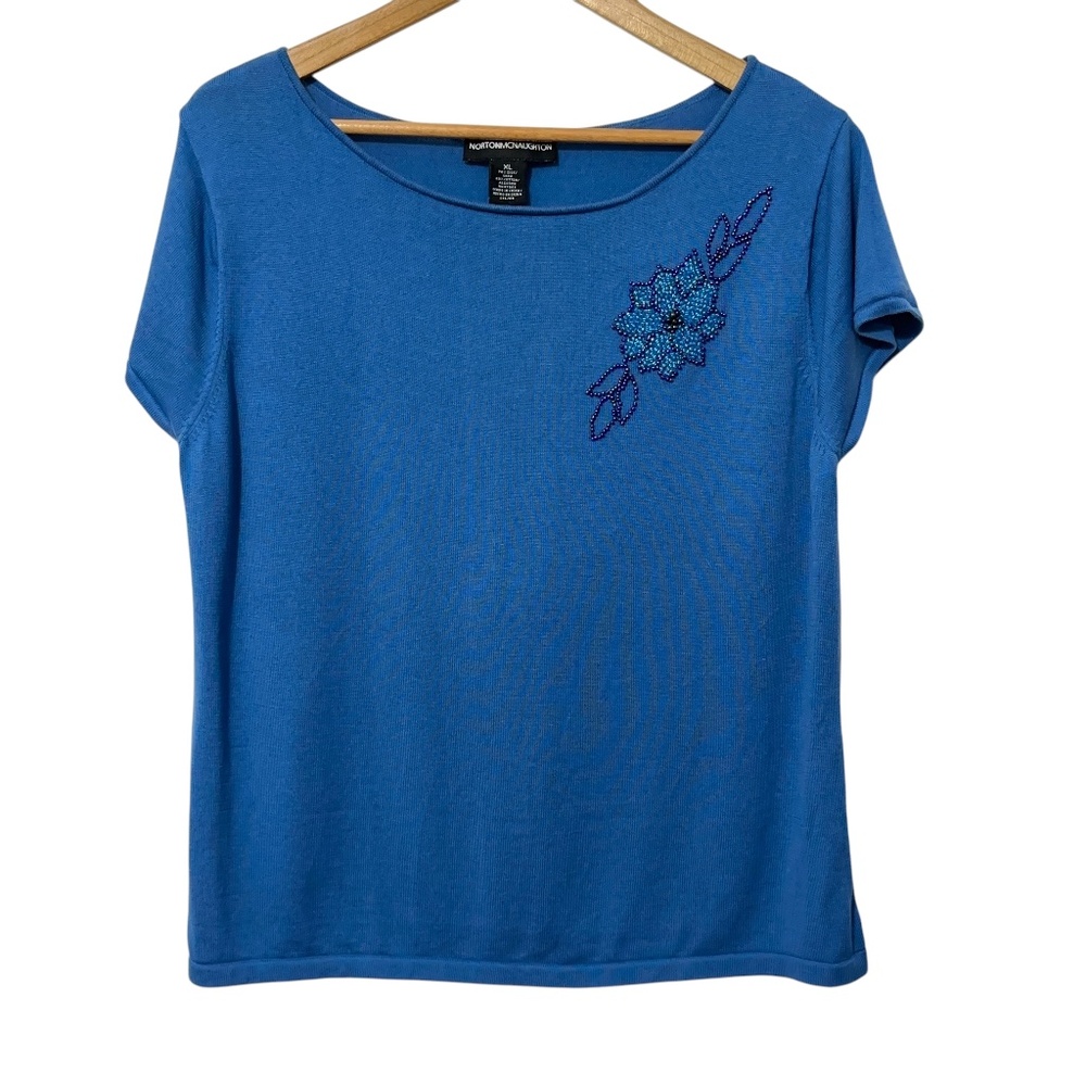 Norton McNaughton Silk Blend Knit Top Womens Size XL Vintage Floral Beaded